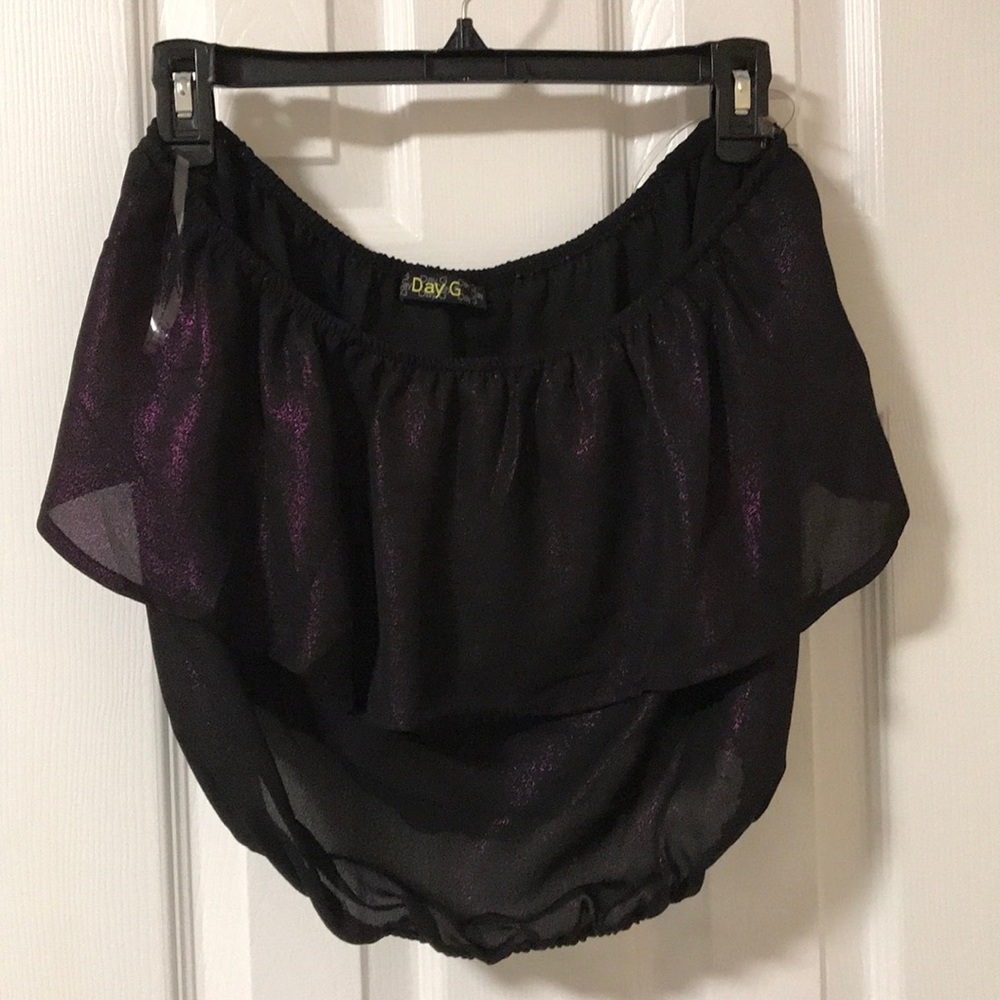 Black and purple holographic strapless flowy top